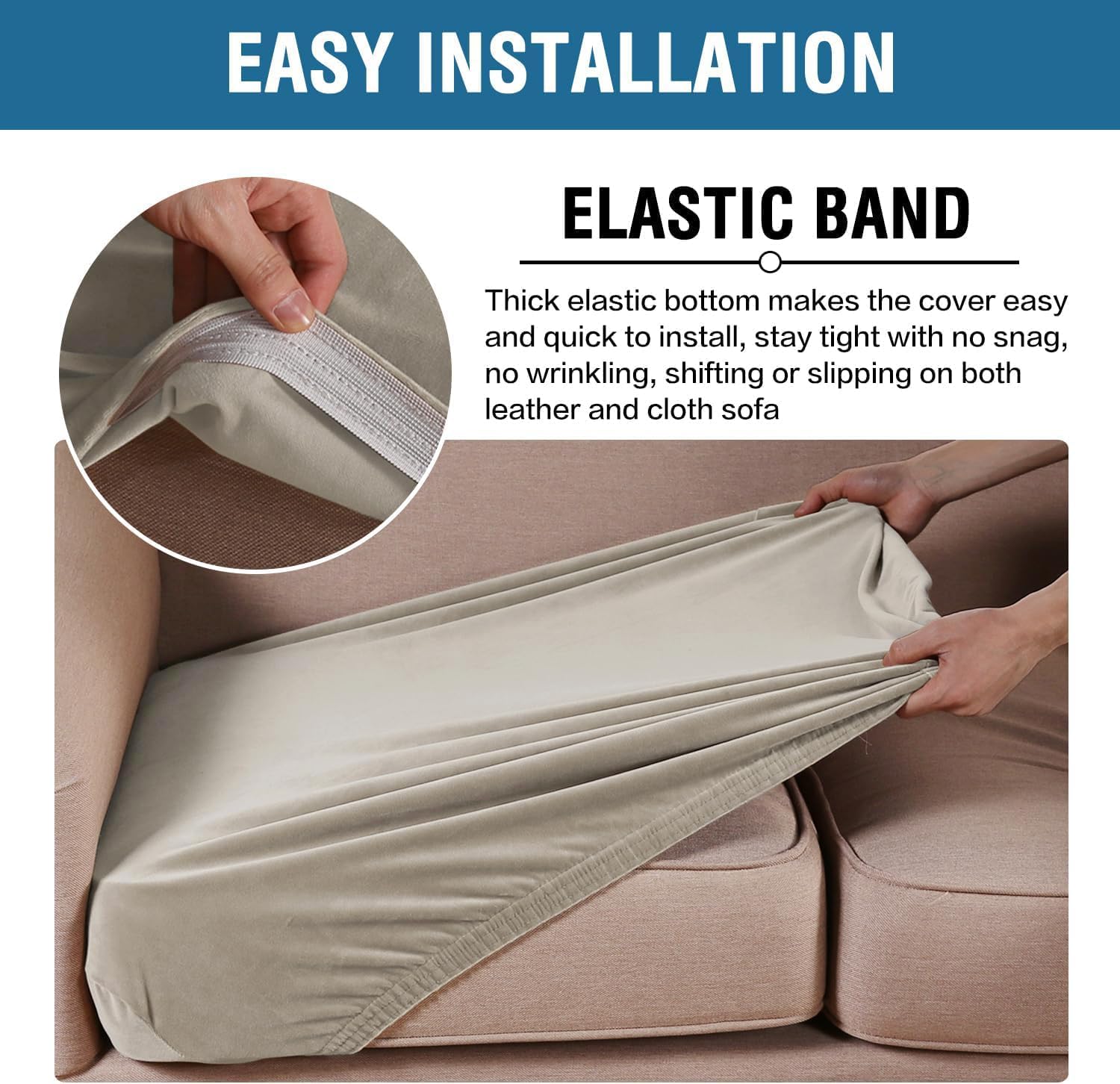 H.VERSAILTEX Velvet Stretch Couch Cushion Cover Plush Cushion Slipcover for Loveseat Cushion Furniture Protector Seat Cushion Sofa Cover (2 Piece Medium Sofa Cushion Covers, Oatmeal)