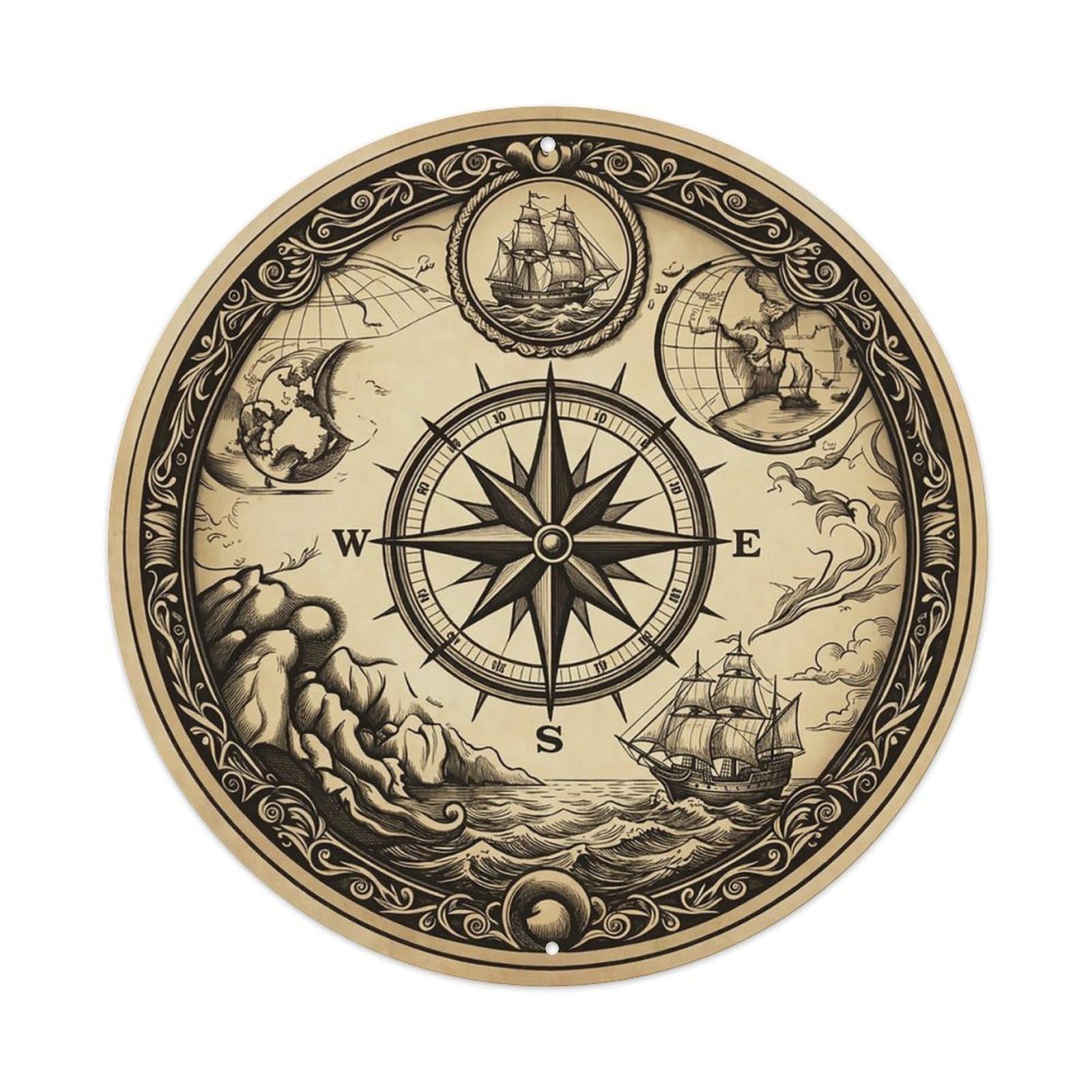 Vintage Nautical Compass World Map Odyssey Heritage Metal Tin Sign