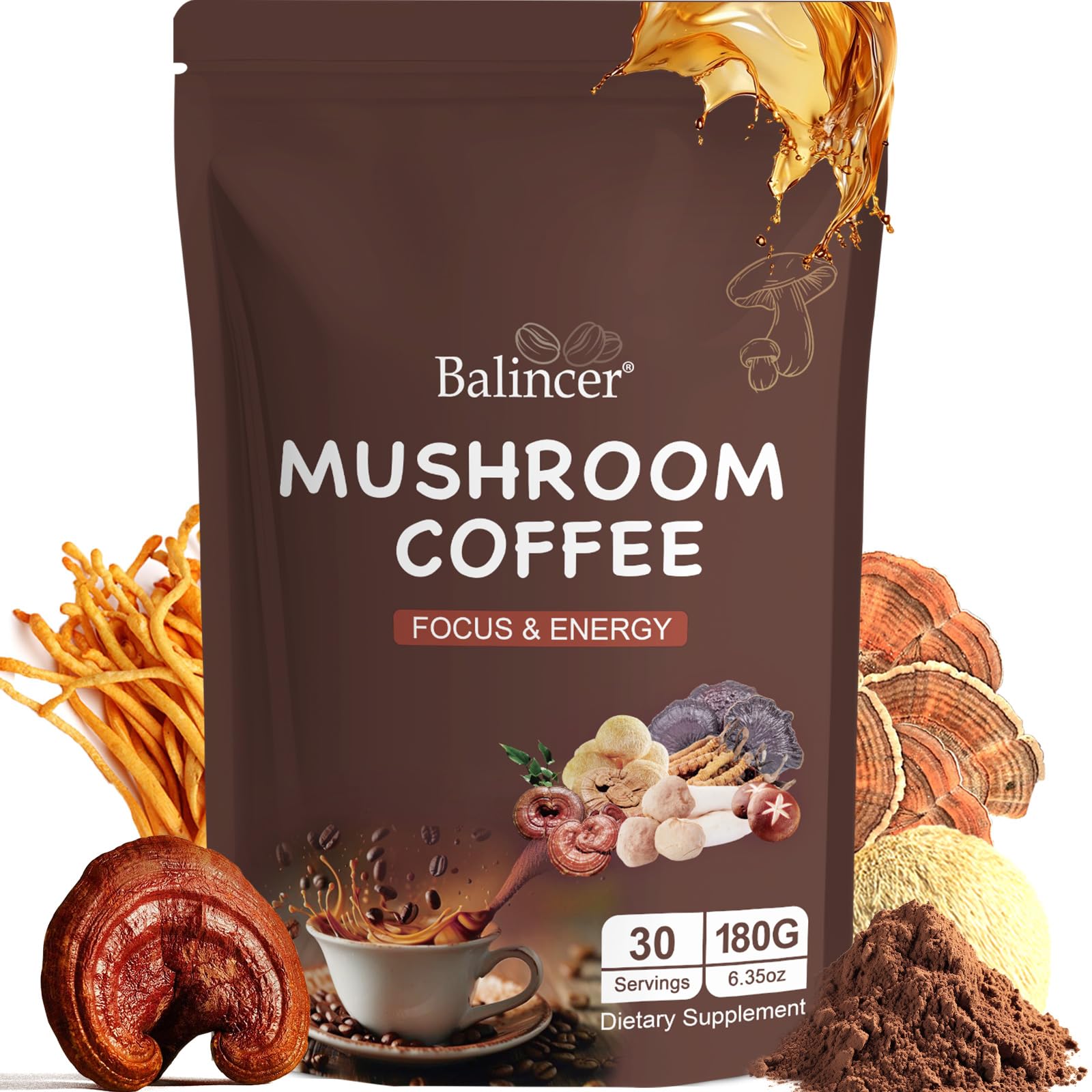 Mushroom Coffee, 6 Adaptogenic Mushrooms (Lion's Mane, Cordyceps, Turkey Tail & Other) Mixed with Premium Instant Coffee for Focus, Energy, Immune and Gut Health Support, 30 Servings