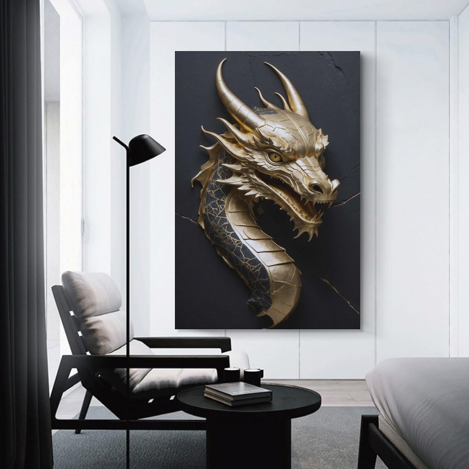 Junmoney Golden Dragon Head Sculpture on Dark Background Canvas Wall Picture, 20x30inch(50x75cm), for Wall Displays, Bedrooms Or Room Updates, Wall Decor Suited to Curated Displays