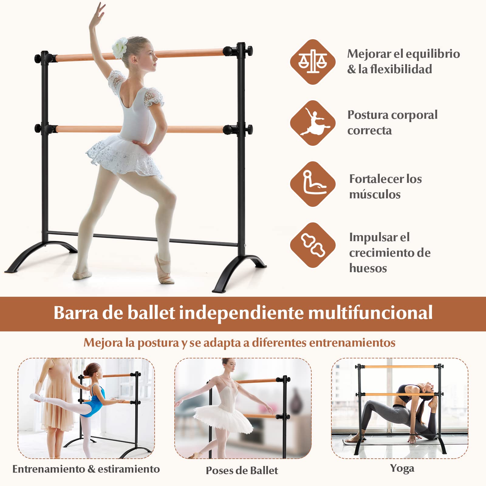 COSTWAY 120 cm Barra de Ballet Portátil, Barra Doble Independiente, Altura Ajustable 56/76/96/116 cm, Baile, Entrenamiento, Barra de Fitness, Gimnasio Casa, Adultos y Niños