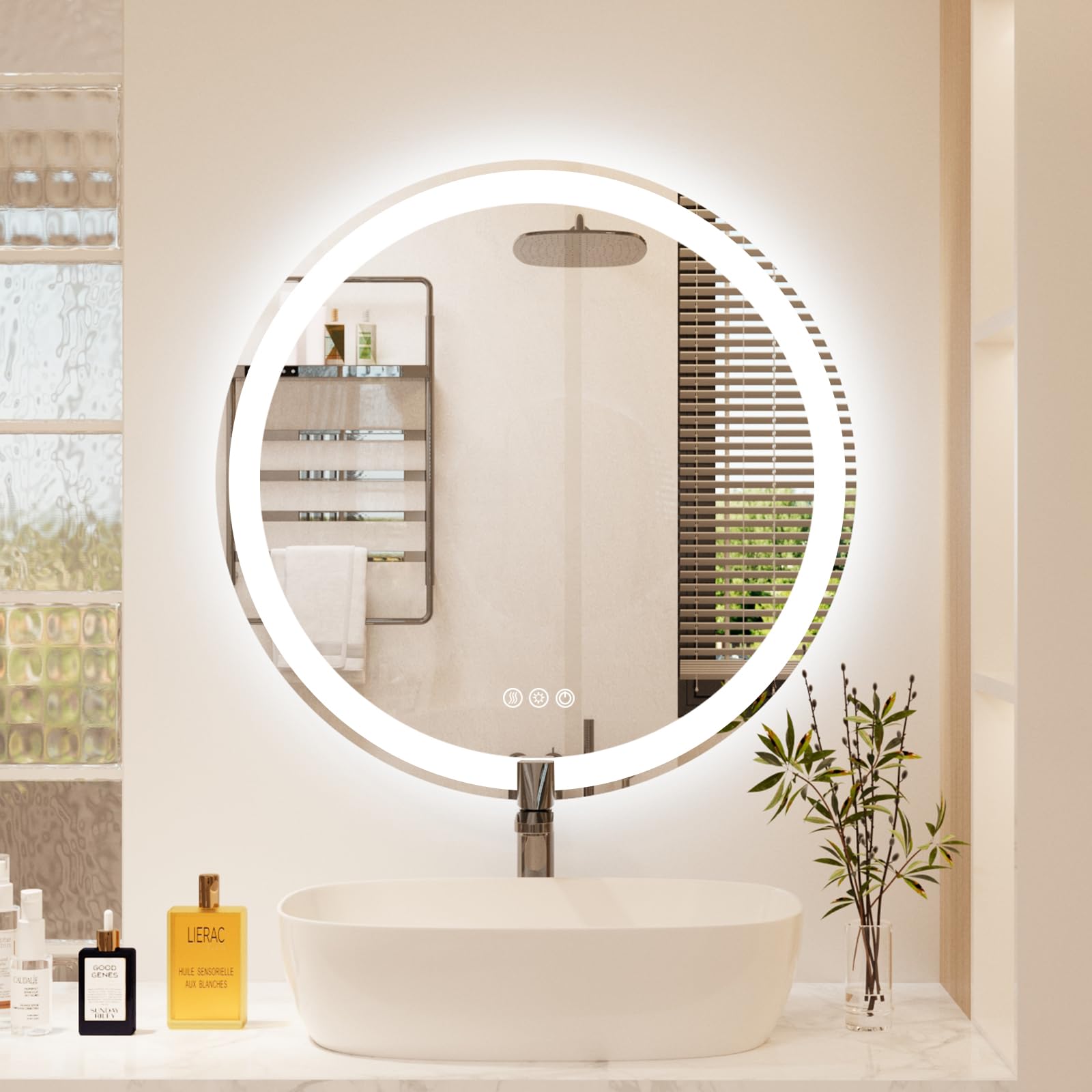 WOSEKBATHAL Bathroom Mirror with Lights, Round LED Mirror for Bathroom, Vanity Mirror with Lights, Anti-Fog & 3 Colors, Wall-Mounted Bathroom Mirror (32“L x 32