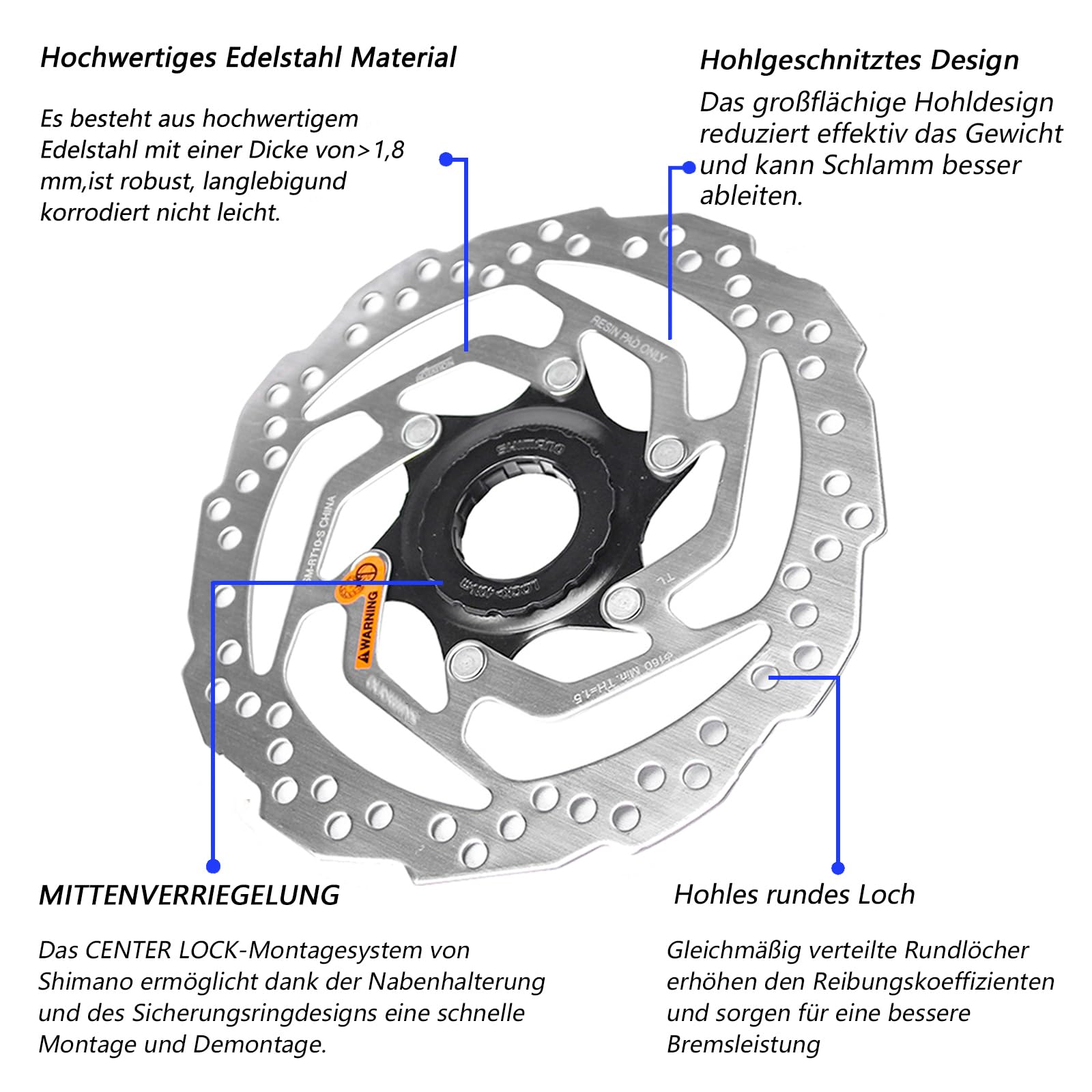 Fahrrad Center Lock Bremsscheibenrotor, kompatibel mit Shimano SM-RT10 Bremsscheibe 160mm Scheibenbremsscheibe mit Verriegelungsabdeckung, geeignet für Rennräder, MTB, BMX