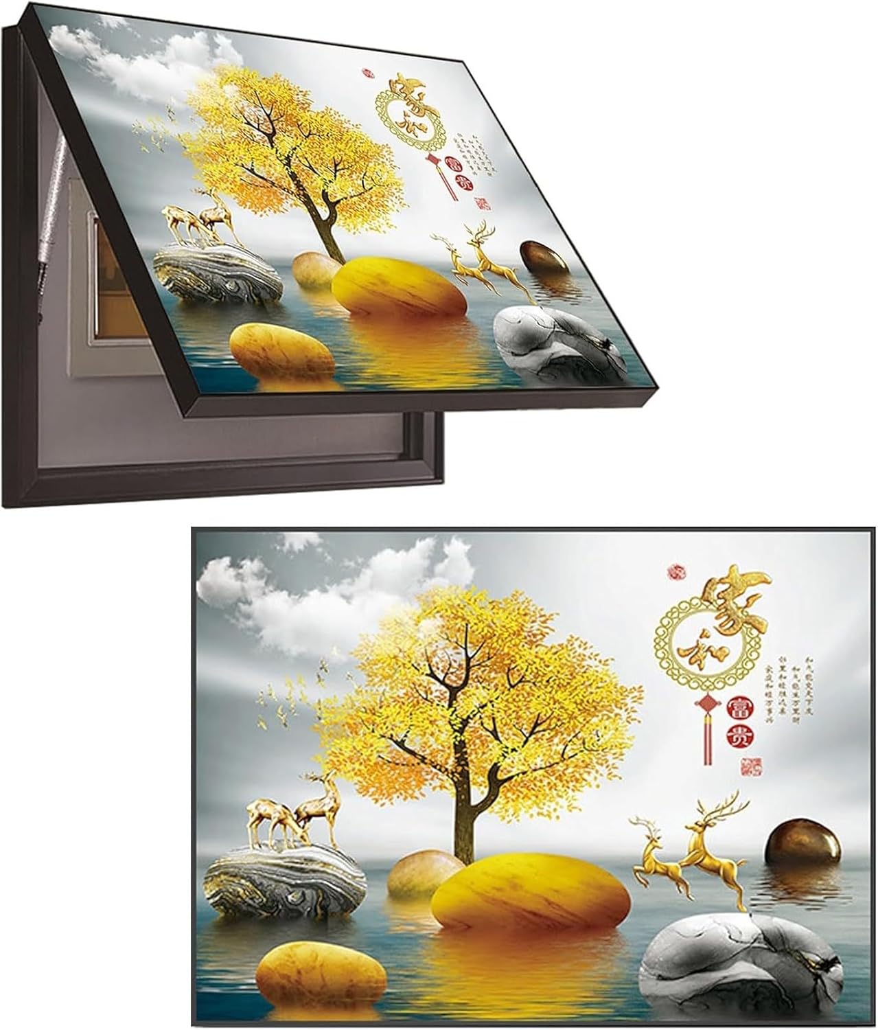 Decorative Painting Distribution Box, Electrical Panel Cover, Switch Box Cover, Electric Meter Counters Decoration Cover Hide Paintings, with Hydraulic Rod Supports(T,50 * 40cm)