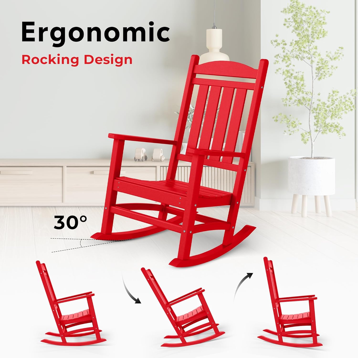 Costaelm Oversized Outdoor Rocking Chair, High Back Porch Rocker Chair, HDPE All Weather Resistant Outdoor Seating Furniture Wide Rocker Chair for Patio, Lawn, Garden, Red