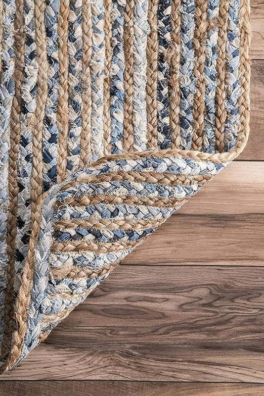 Image of F R Creation Jute Reversible Braided Natural & Handwoven Jute Carpet, Carpet for Living Room Braided Rug, Offices Carpet, Guest Room Size (5X8 Feet Denim)