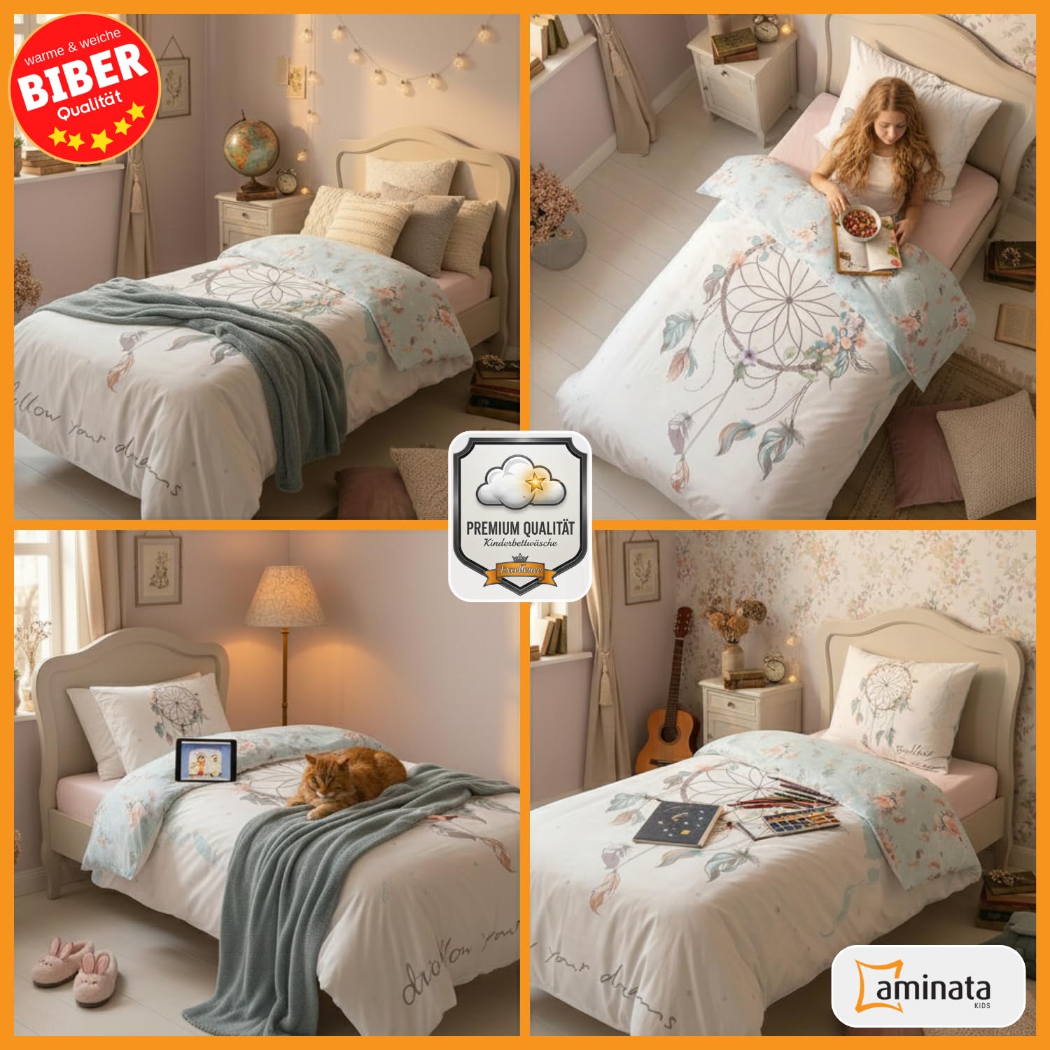 Aminata kids Bettwäsche Traumfänger 135x200 Biber 100% Baumwolle Dreamcatcher | türkis - Mädchen | warme & weiche Kinder-Wende-Bettwäsche