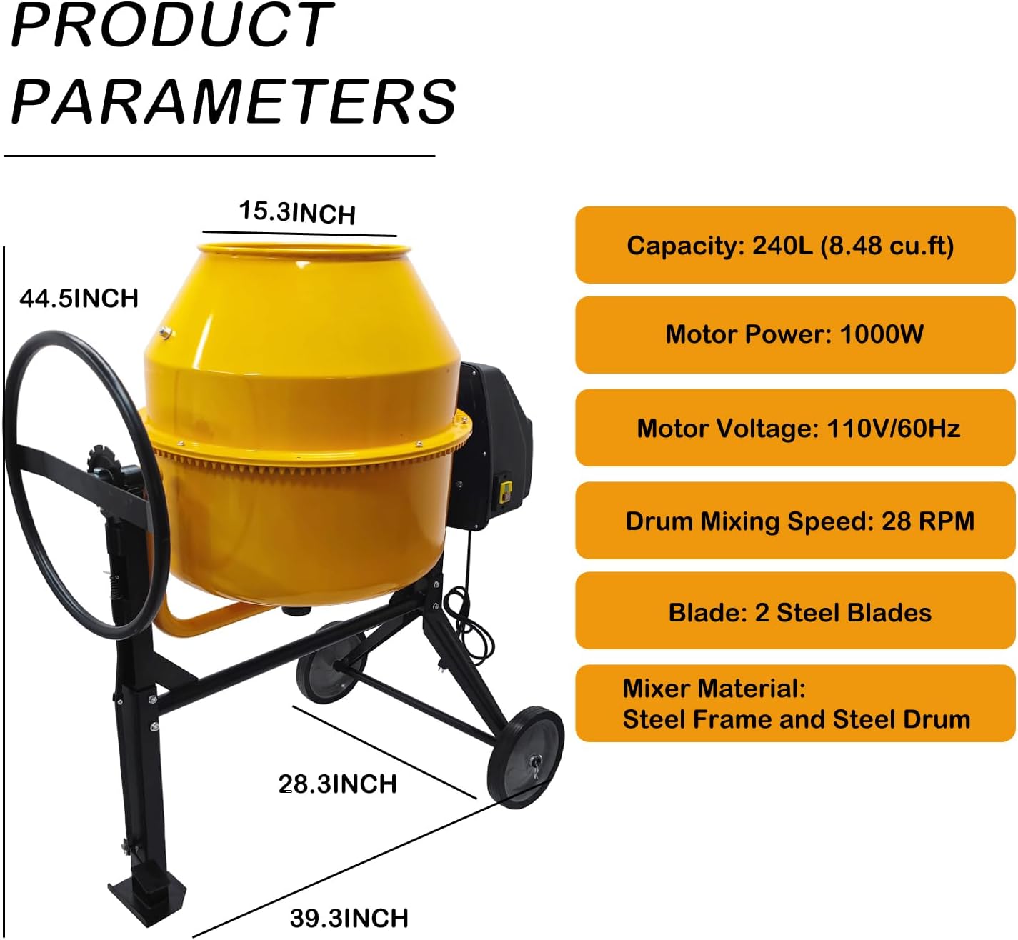 8.48 Cu.Ft Electric Concrete Mixer 360° Rotation Portable Concrete Cement Mixer with Wheels 1000W Steel Drum