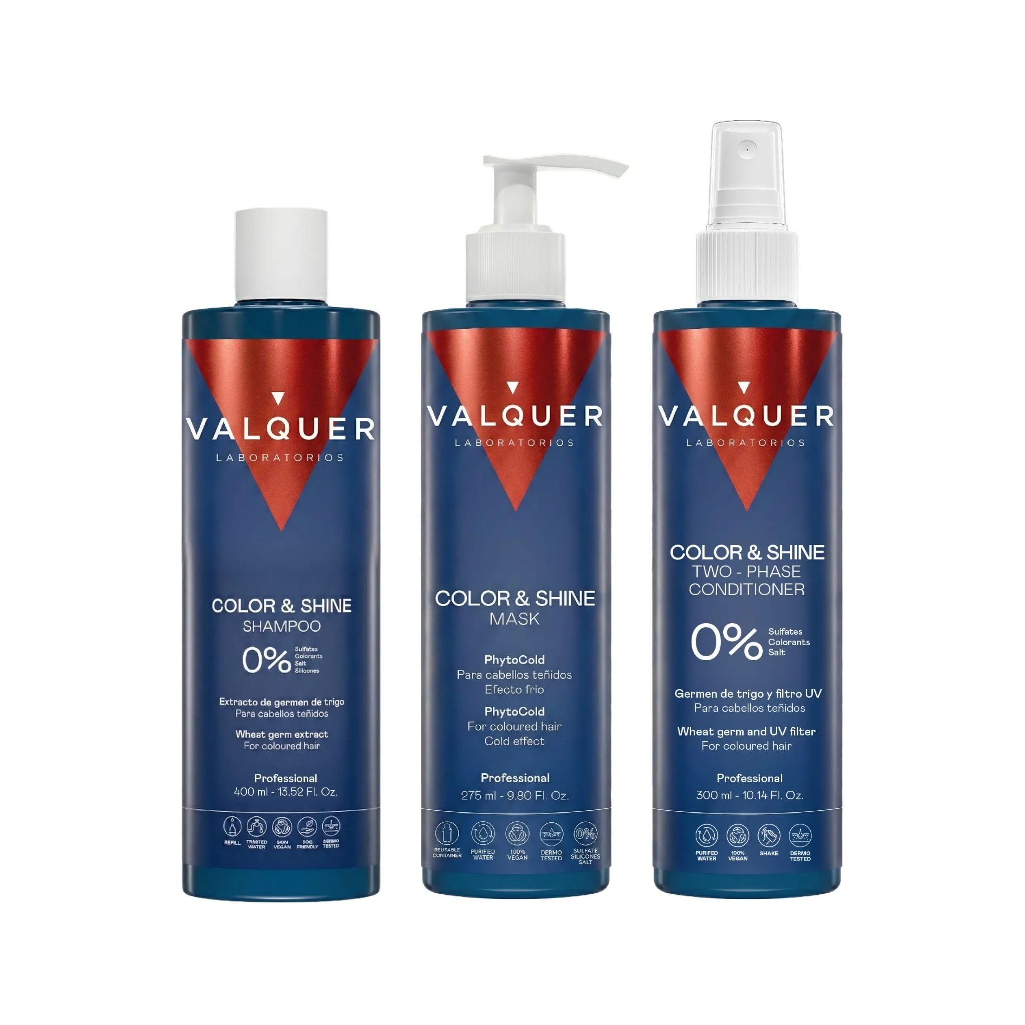 Valquer Pack Potenciador Color y Brillo para Cabello Teñido | 875 ml | Champú 400 ml, Mascarilla 275 ml y Acondicionador Bifásico 300 ml | Fórmula Zero con Extracto de Germen de Trigo | Vegano