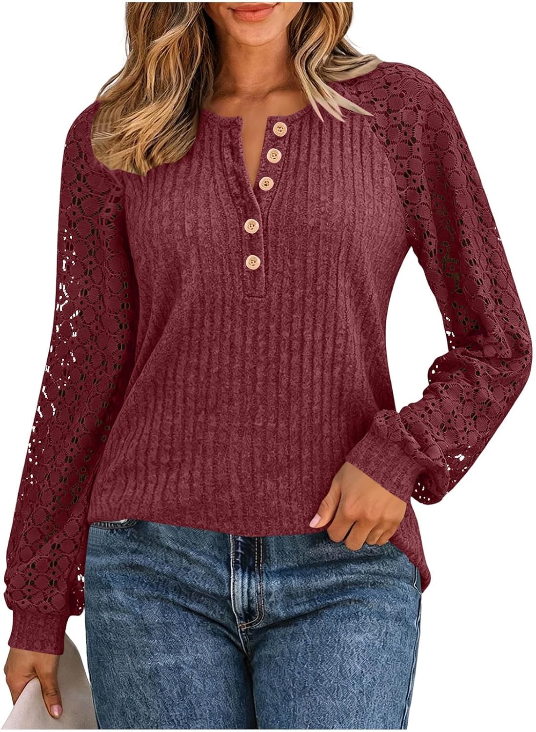 Ribbed Long Sleeve Henley Shirts for Women