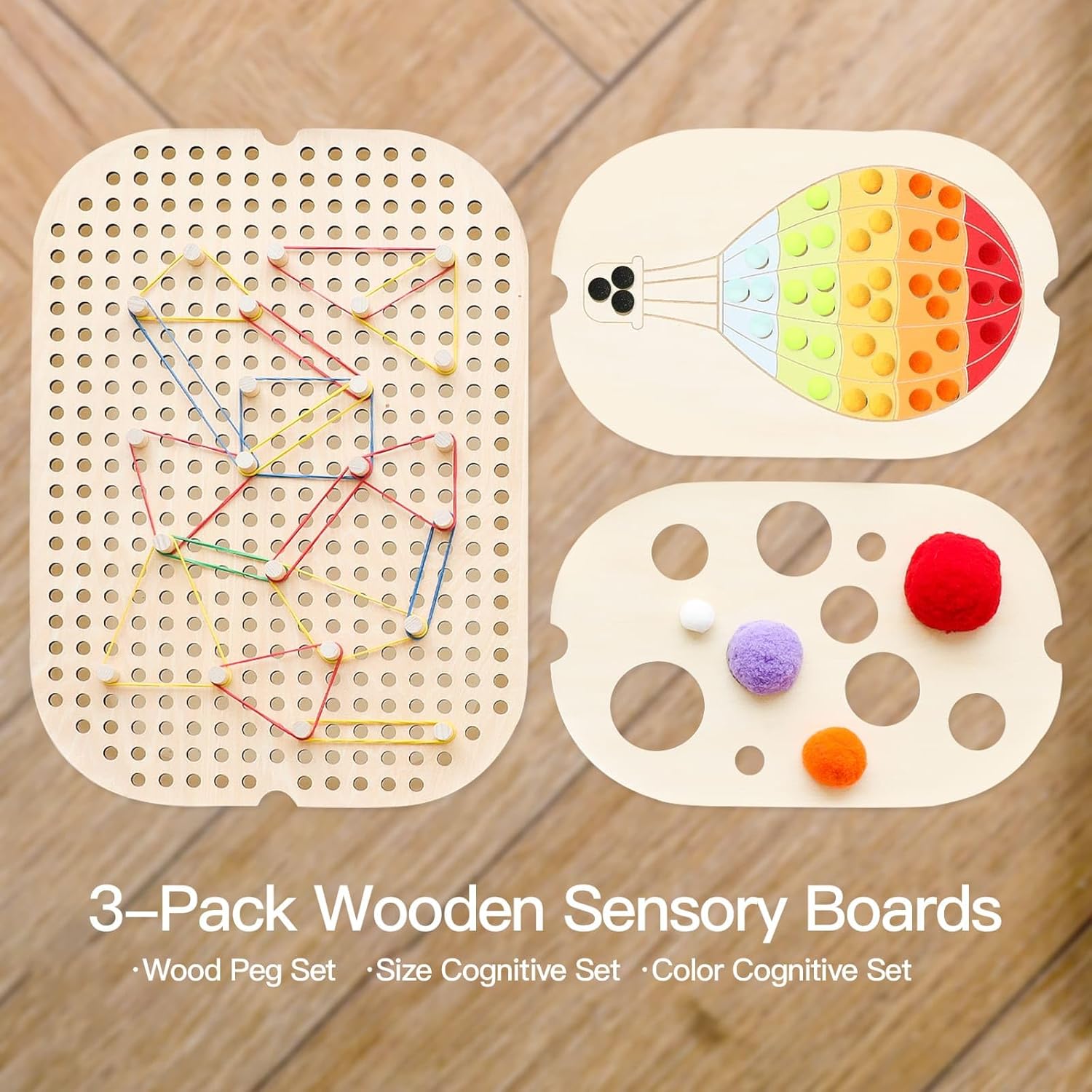 Rubber Wood Montessori Sensory Table with 3-Pack Wooden Sensory Boards - 3 Foldable Storage Bins, Reinforced Frame, Height Adjustable Children's Table - Pegboard, Size & Color Cognitive