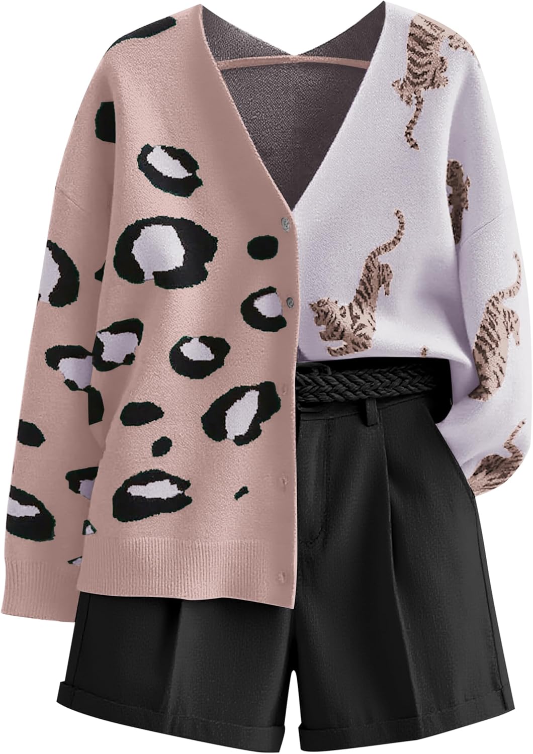 Women Leopard Cardigan Graphic Print Button Down V Neck Long Sleeve Sweater Color Block Lightweight Knit Top Outwear