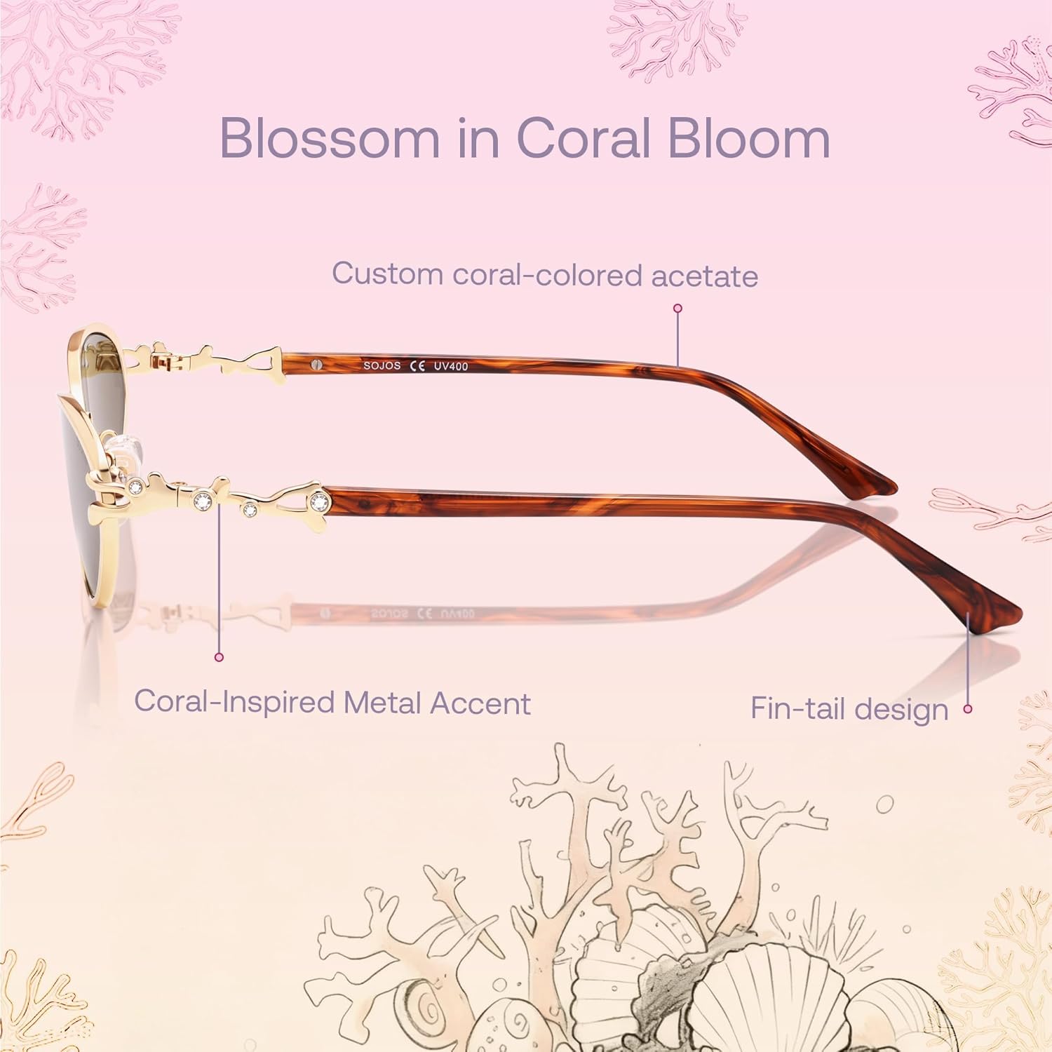 SOJOS Retro Cat Eye Sunglasses Women Men Acetate Metal Frame Trendy Designer UV400 Sun Glasses, Staghorn Coral - Image 3