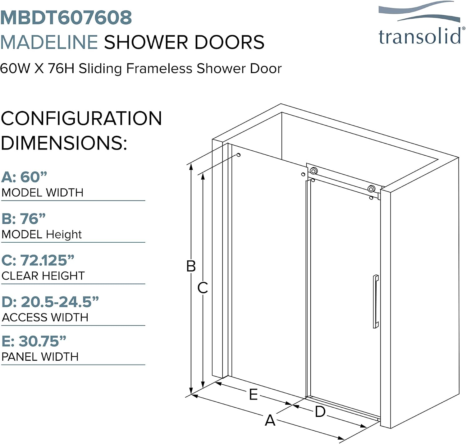 Transolid Madeline Frameless Sliding Shower Door with Fixed Panel, 5/16 in. Clear Tempered Glass, 56-60 in. W x 76 in. H, Matte Black, Reversible Install, MBDT607608C-J-MB