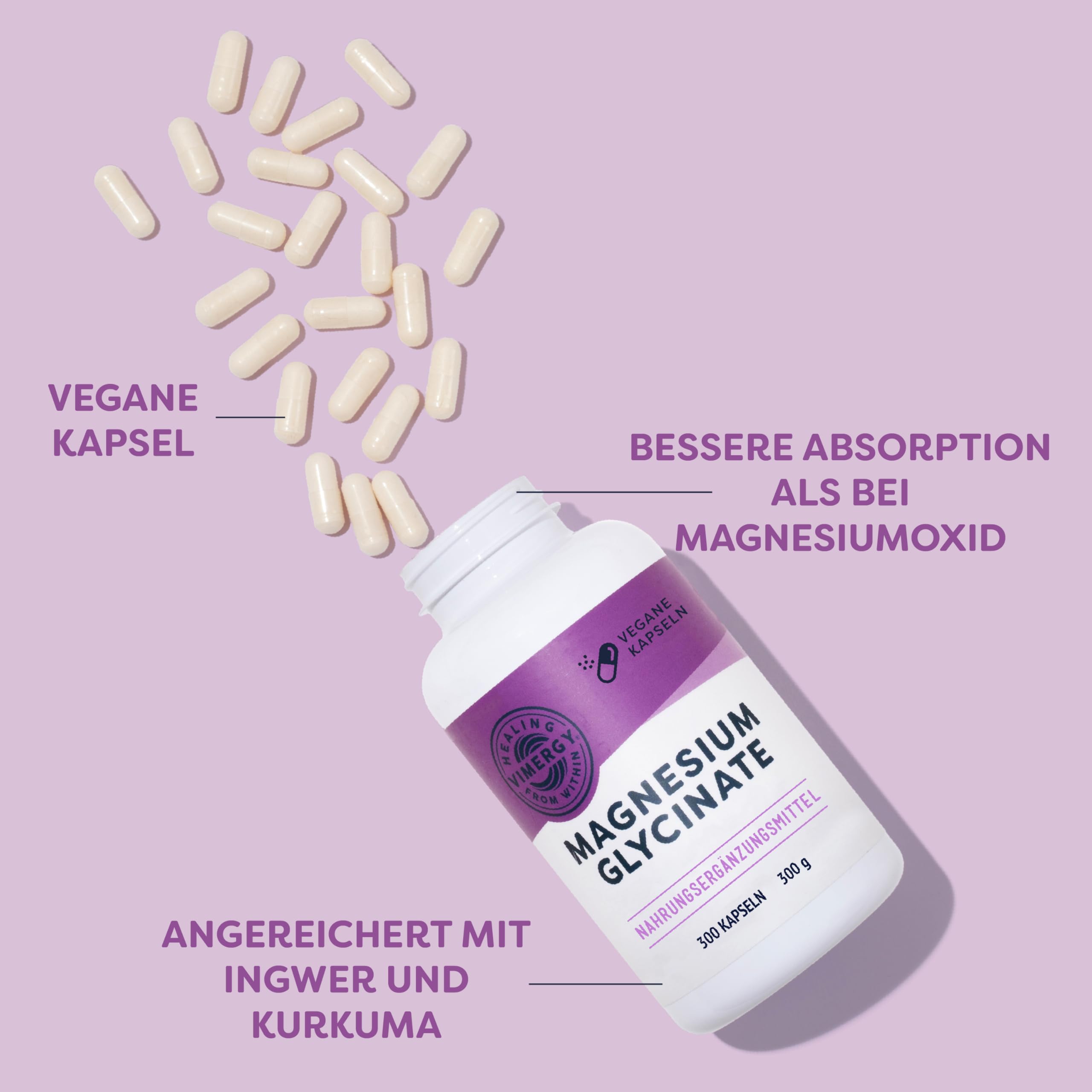 Vimergy Magnesium Glycinat Mineral Nahrungsergänzungsmittel – 300 Kapseln – Unbedenkliche Magnesium Hochdosiert Kapseln – Kurkuma & Ingwer – Glutenfrei, ohne Gentechnik – Für Keto-/Paleo Ernährung
