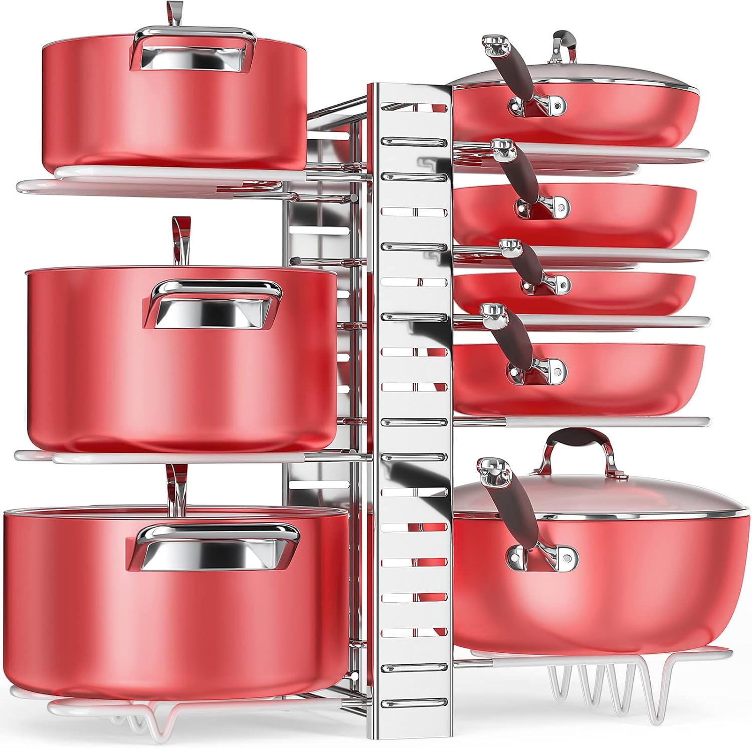 MUDEELA Adjustable 8-Tier Iron Pots and Pans Organizer for Cabinet, Silver, Protective Kitchen Storage