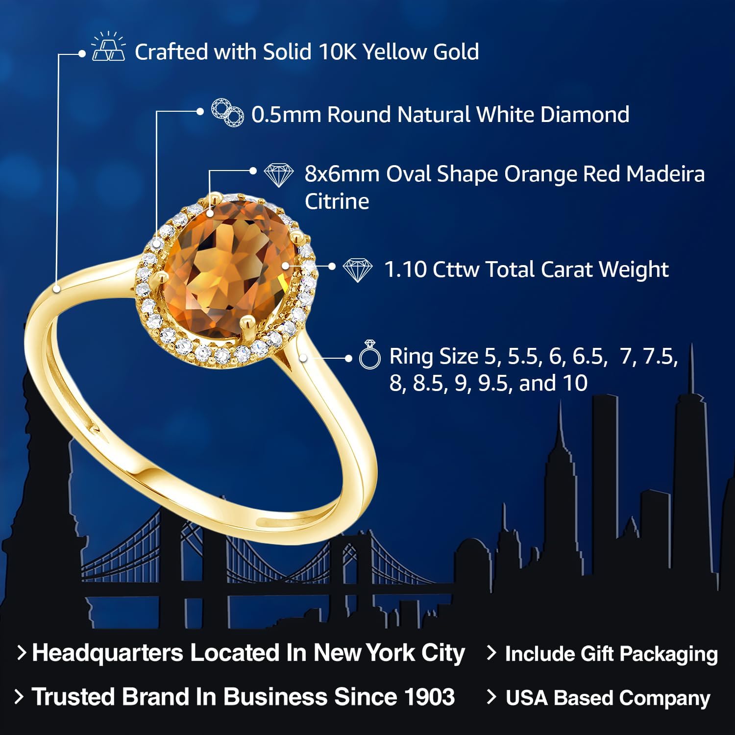 Gem Stone King 10K Yellow Gold 8X6MM Oval Gemstone Birthstone and White Diamond Halo Engagement Ring | Wedding Anniversary Promise Gold Ring For Women | Available In Size 5-10