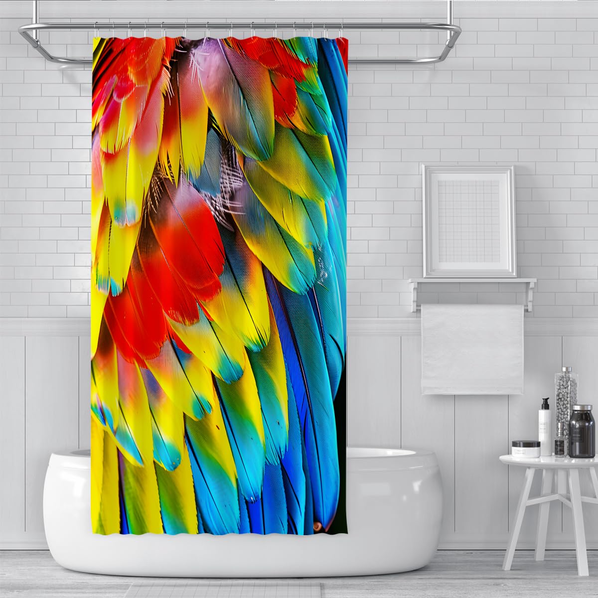 Rideau de douche salle de bain ailes plumes colorées déco W180xL180 cm