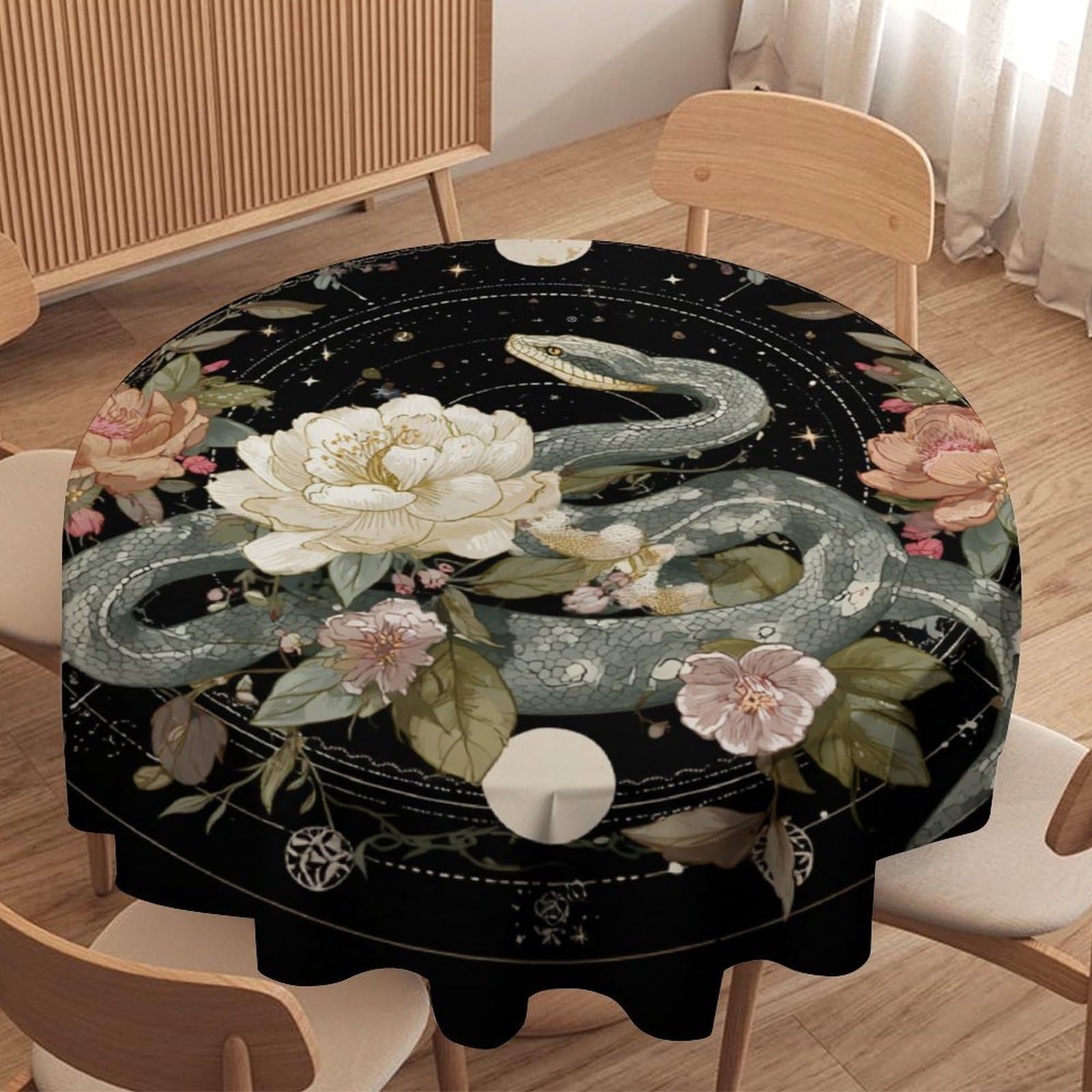 LUYYSKY Minimalist Art Animal Snake Waterproof Round Tablecloth Antique Abstract Boho Moon Phase Plant Floral Pattern Washable Table Cover for Kitchen-127 Wx127 L cm