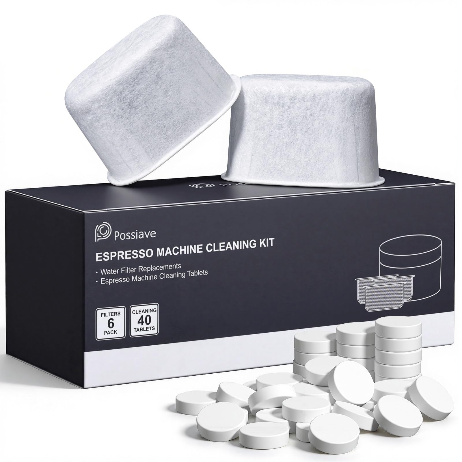 Espresso Machine Cleaning Tablets and Filters for Breville Espresso Machines (40 Tablets + 6 Filters) - 1.5 Gram Cleaning Tablets & Replacement Water Filter - Espresso Cleaner Accessories