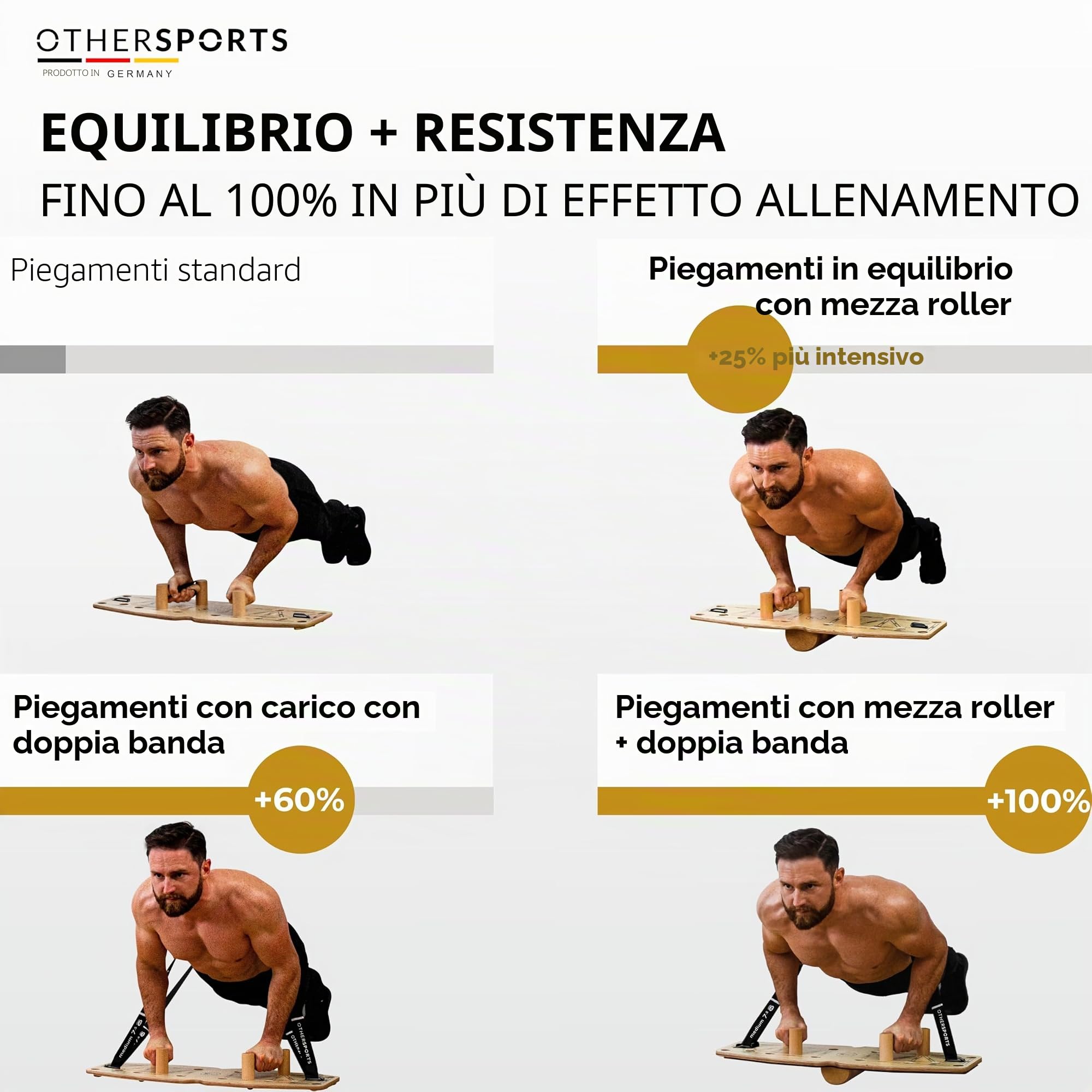 Tavola per flessioni in 100% vero legno e sughero, con nastri e istruzioni per l'allenamento in lingua tedesca – Set da tavola push up in legno
