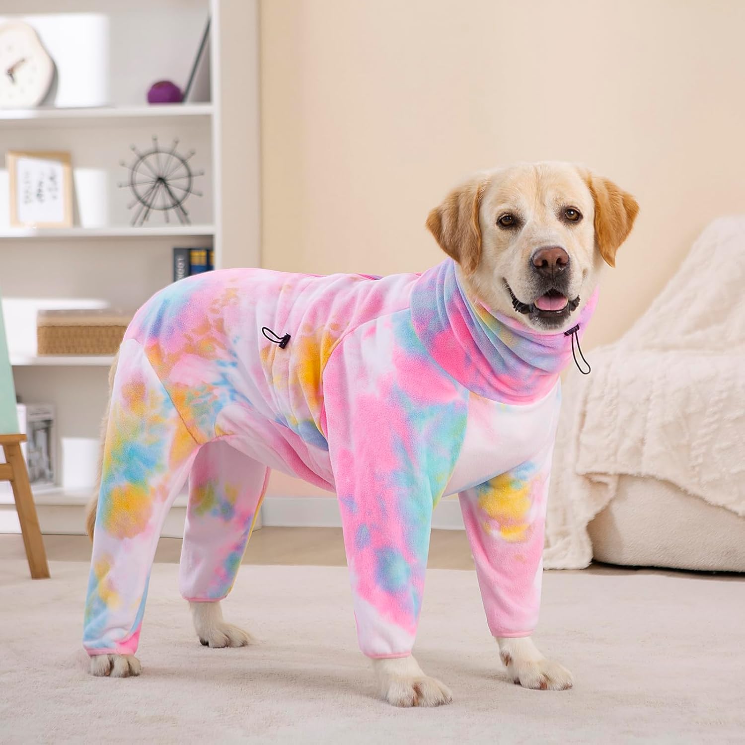 Dog Winter Coat for Large Medium Small Dogs, Warm Fleece High Collar Full Body Dog Jumpsuit Comfortable Onesie Apparel (Pink Blue, 6X-Large)