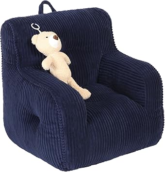 MOMCAYWEX Kids Bean Bag Chair with a Plush Bear, Comfy Toddler Chair for Boys and Girls, Dark Blue
