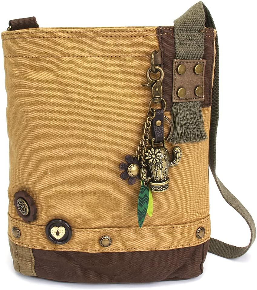 CHALA Patch Cross-Body Women Handbag, Canvas Messenger Bag, Metal Charming Cactus - Brown