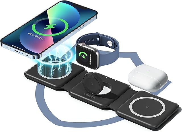VEGER 3 in 1 Wireless Charging Station,15W Foldable Magnetic Wireless Charger Compatible with iPhoneApple Watch and Earphone