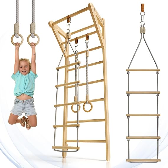 Juskys Espalier d'Escalade Mural Enfants en Bois avec Barre de Traction et Anneaux