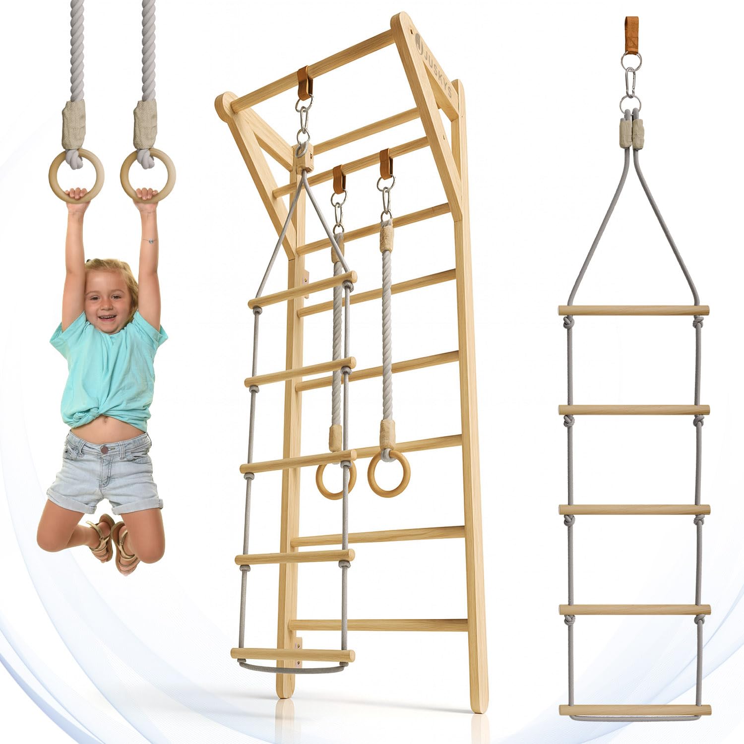 Juskys spalliera per bambini - con barra di trazione, struttura di arrampicata per interni con anelli ginnici e scala di corda, parete di arrampicata per la stanza dei bambini, barra ginnica
