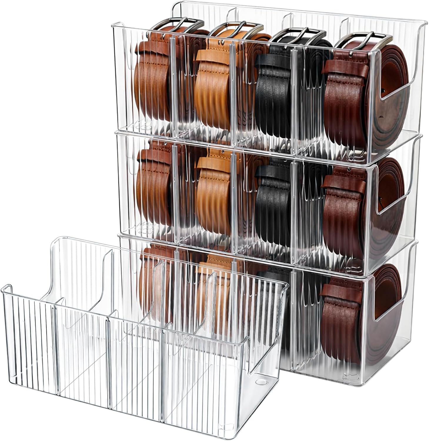 Junkin 4 Pcs Acrylic Belt Organizer with Adjustable 4 Compartments Clear Stackable Belt Holder for Men Leather Belts Storage Box for Closet Drawer Organization Multi-Purpose Display Bin with Inserts