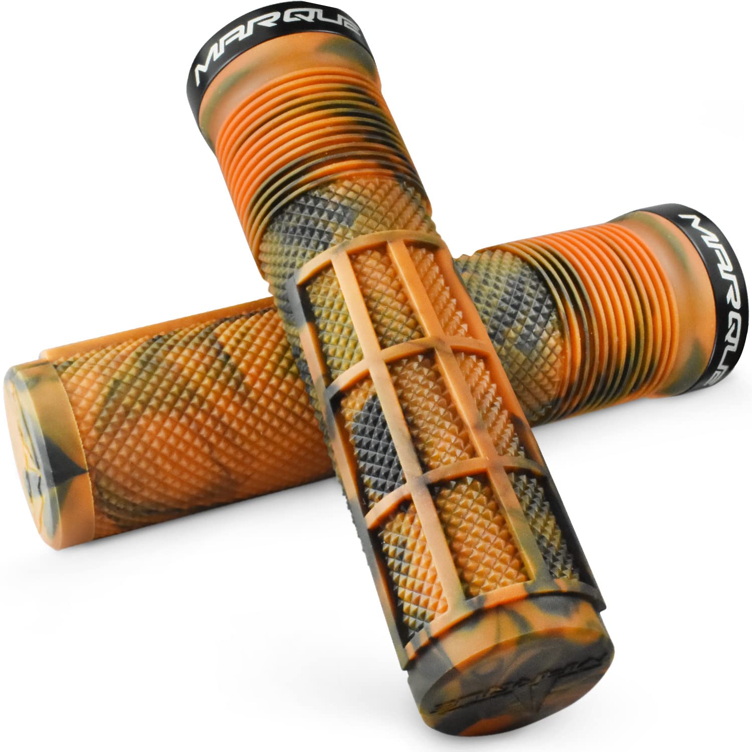 MARQUE Race Mountain Bike Handlebar Grips – Single Lock-On Ring Collar MTB and BMX Bicycle Handle Bar with Non-Slip Grip, Knurly Gritty Pattern and Half Waffle Pattern (Orange)