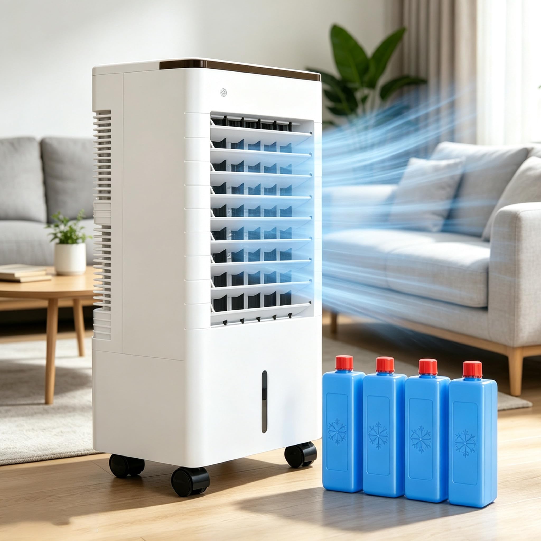 pedenencelia 3-in-1 Portable Air Cooler, 75W Evaporative Swamp Cooler Fan with 9L Tank, 4 Ice Packs, Remote, LED Touch Panel, 3 Speeds, 12H Timer, Wheels for Bedroom Office