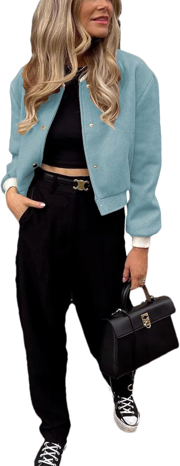 Women's Cropped Street Bomber Jacket long sleeve Button Down Crop Tops Coat