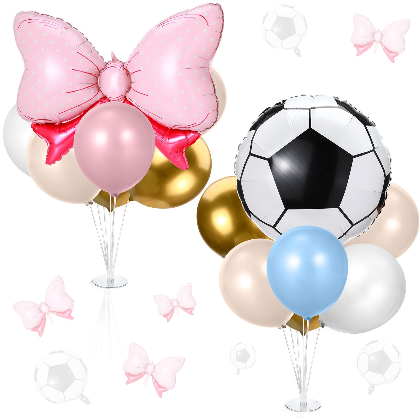 Hungdao 2 Sets Gender Reveal Soccer or Bows Party Decorations Goals or Bows Table Centerpiece Balloon Stand Kit with Foil and Latex Balloon for Boy or