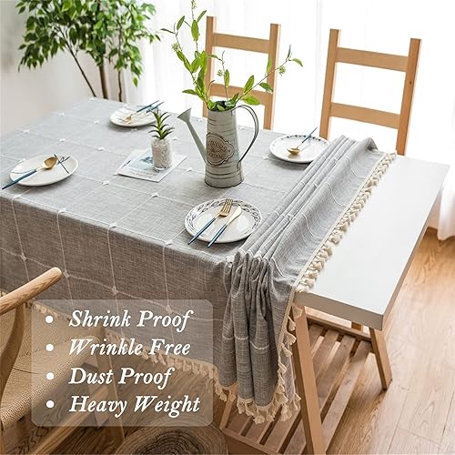 Miniatura 5 de Mantel de lino de algodón, mantel con costuras con borlas, sin arrugas, para cocina, comedor, fiesta, vacaciones (rectangular, 55 x 70 pulgadas, 4-6