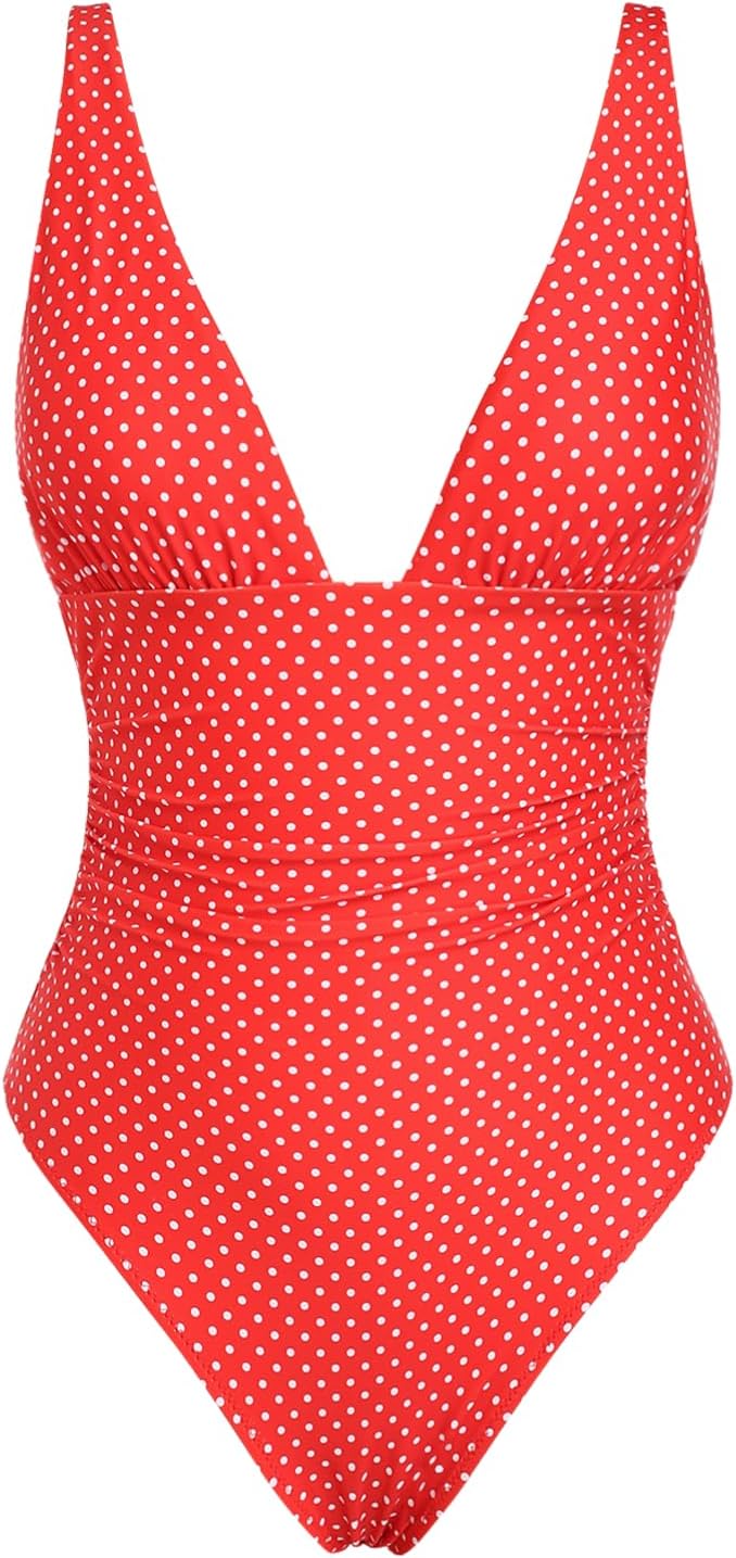 seamoly Vintage Striped Ruffles Trim Tied Plunging Neck One-Piece Swimsuit