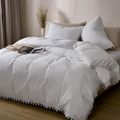 PHF 100% Washed Cotton Linen Like Duvet Cover Queen Size, 3pcs Soft Cotton Pom Pom Comforter Cover, Comfy Breathable Durable Cooling Duvet Cover for Hot Sleepers, 90" x 90", White