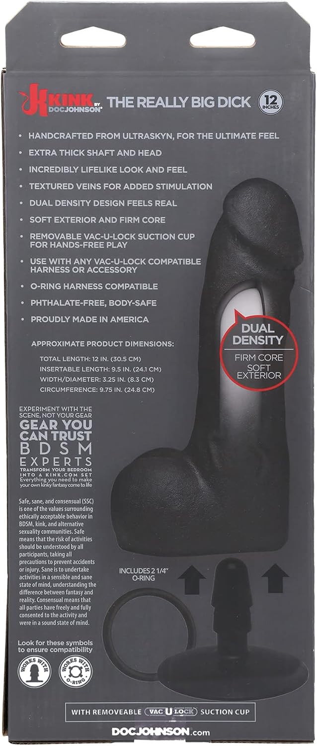 KINK By Doc Johnson The Really Big Dick Dildo - 12 Inches Long and 10.25 Inches Wide - Dual Density ULTRASKYN Dildo with XL Removable Vac-U-Lock Suction Cup - Made In America - Black