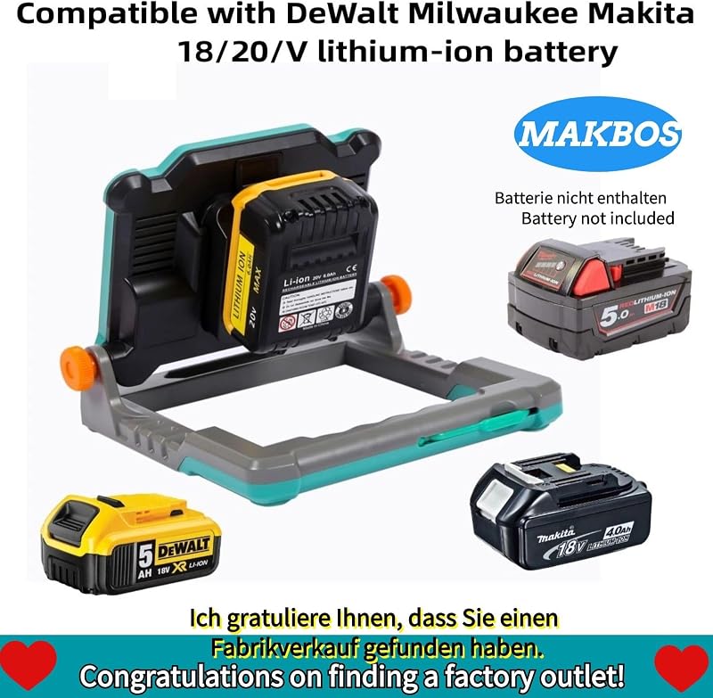 MAKBOS Akkumulátor Adapter 18V Munkalámpa - Kompatibilis Milwaukee M18 és Dewalt 20V Akkukkal - LED Építkezési Reflektor, Munkahelyi Világít