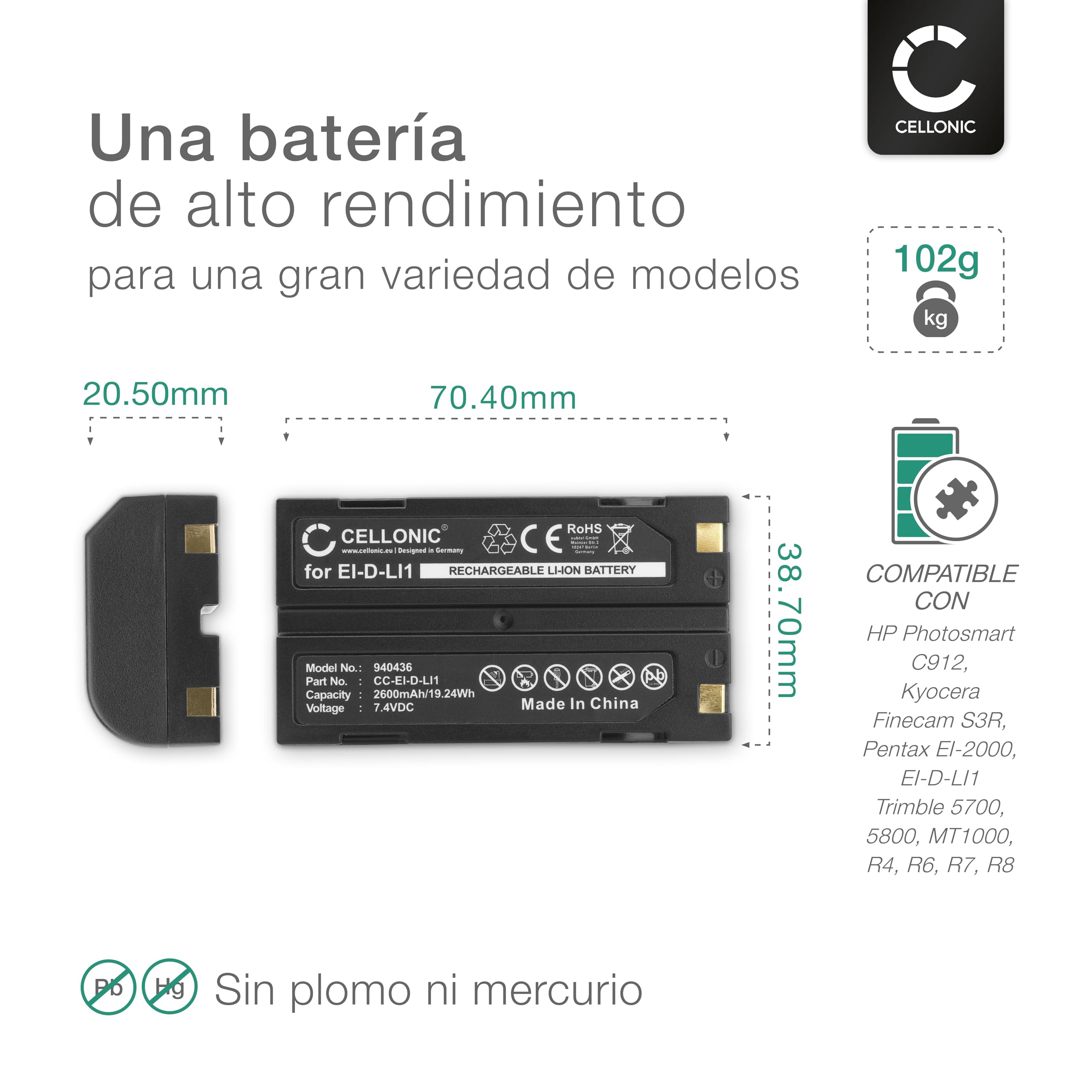 CELLONIC, Batería para Tecnología doméstica, Compatible con Trimble EI-D-LI1, R4, Photosmart 5800, MT1000 (7.4V, 2600mAh) 2 Unidades
