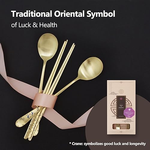 Miniatura 6 de BALWOO Hecho en Corea Diseño de pintura de grúa Mesa coreana Cuchara de arroz pegajosa y palillos Acero inoxidable 304 Chapado en titanio dorado