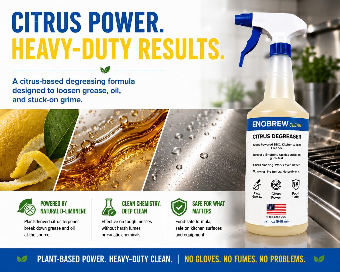 Citrus Degreaser and Kitchen Grease Cleaner, Heavy Duty Natural Citrus Formula for BBQ Grills, Stovetops, Cabinets, Autos and Outdoor Surfaces, Fast Acting Best Kitchen Degreaser (32 oz)