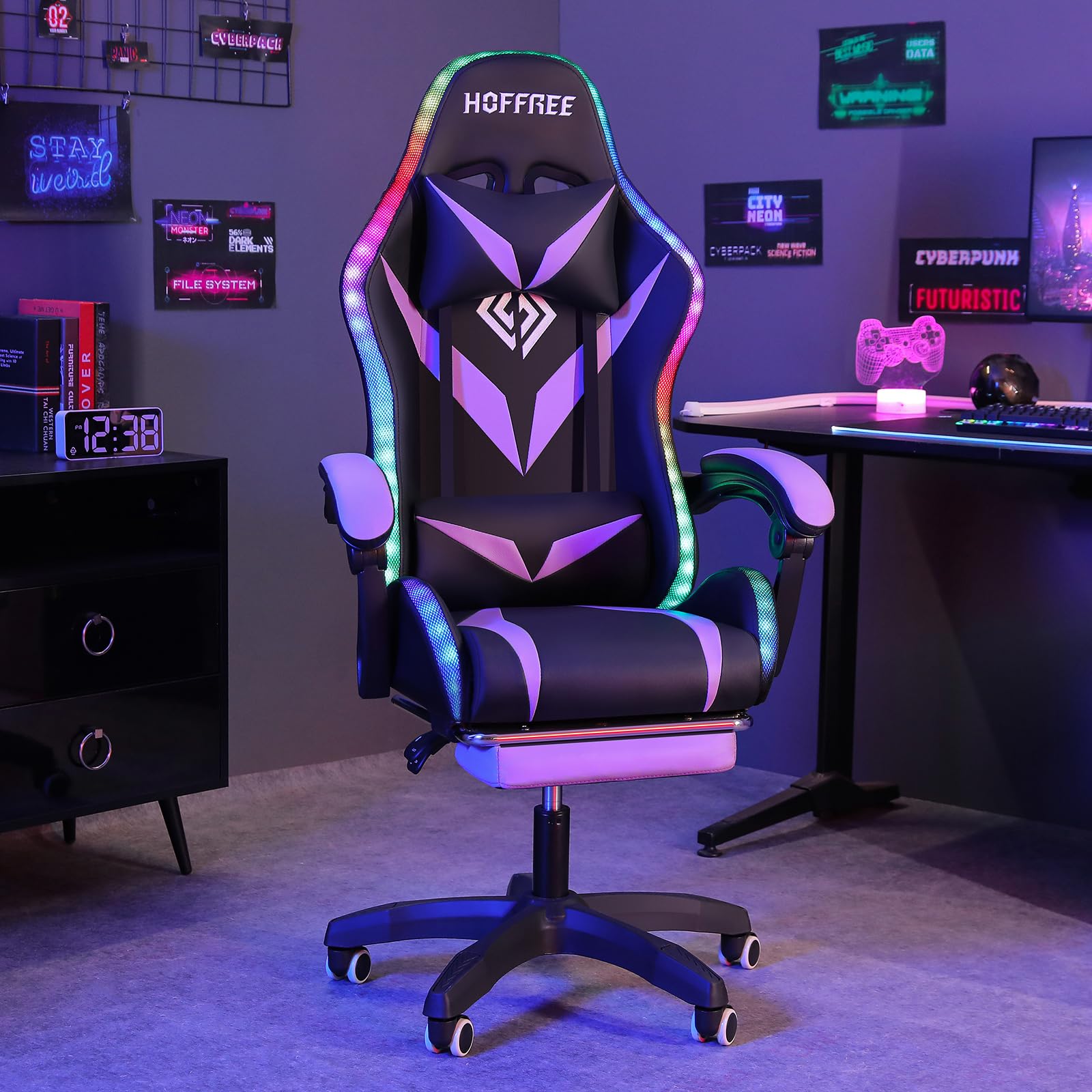 Led Lights Gaming Chair Light Up Video Gaming Hoffree Faux Leather