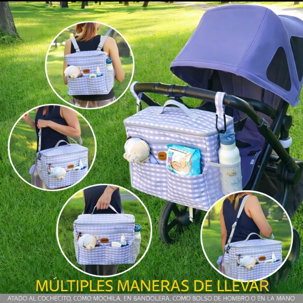 Bolsa Carrito Bebé Grande 22L, Gran Capacidad,Impermeable,Bolso Carro Bebe con Cambiador, Interior Térmico,Ganchos Universales y Accesorios,Organizador con múltiples Bolsillos.