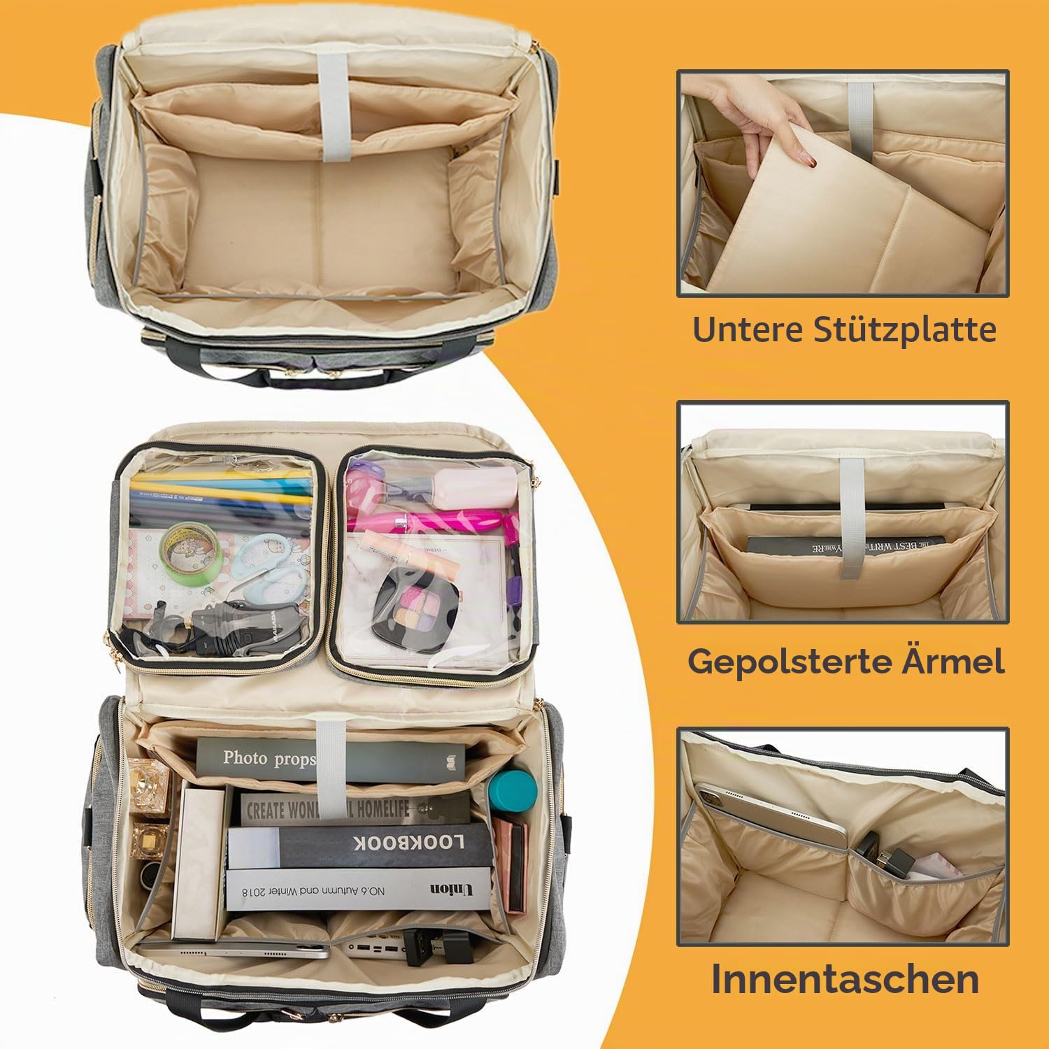 Arxus Lehrertasche Trolley mit 4 Rollen - Kunst Tragetasche für Damen mit Abnehmbarem Rollwagen, Robuste Aktentasche mit Gepolsterten Taschen für 15,6 Zoll Laptop und Lehrerbedarf, Grau
