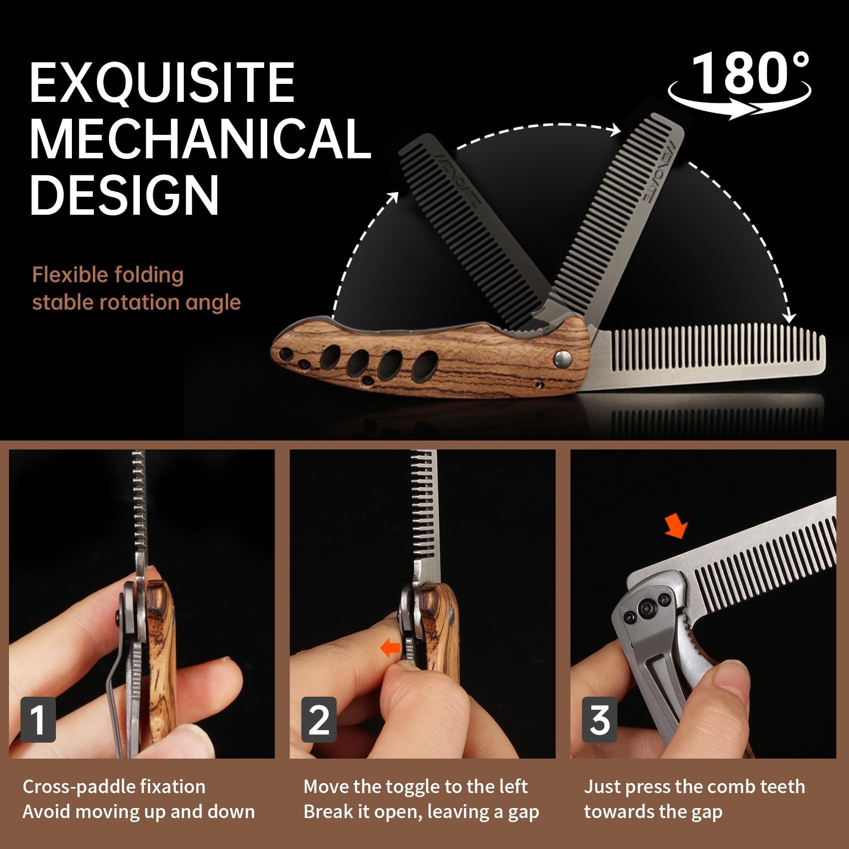 1 Pezzi pettine barba uomo pieghevole in legno e acciaio inox, accessorio da viaggio per barba baffi, modello tascabile per capelli e cura quotidiana maschile, design portatile per uso casa e viaggio