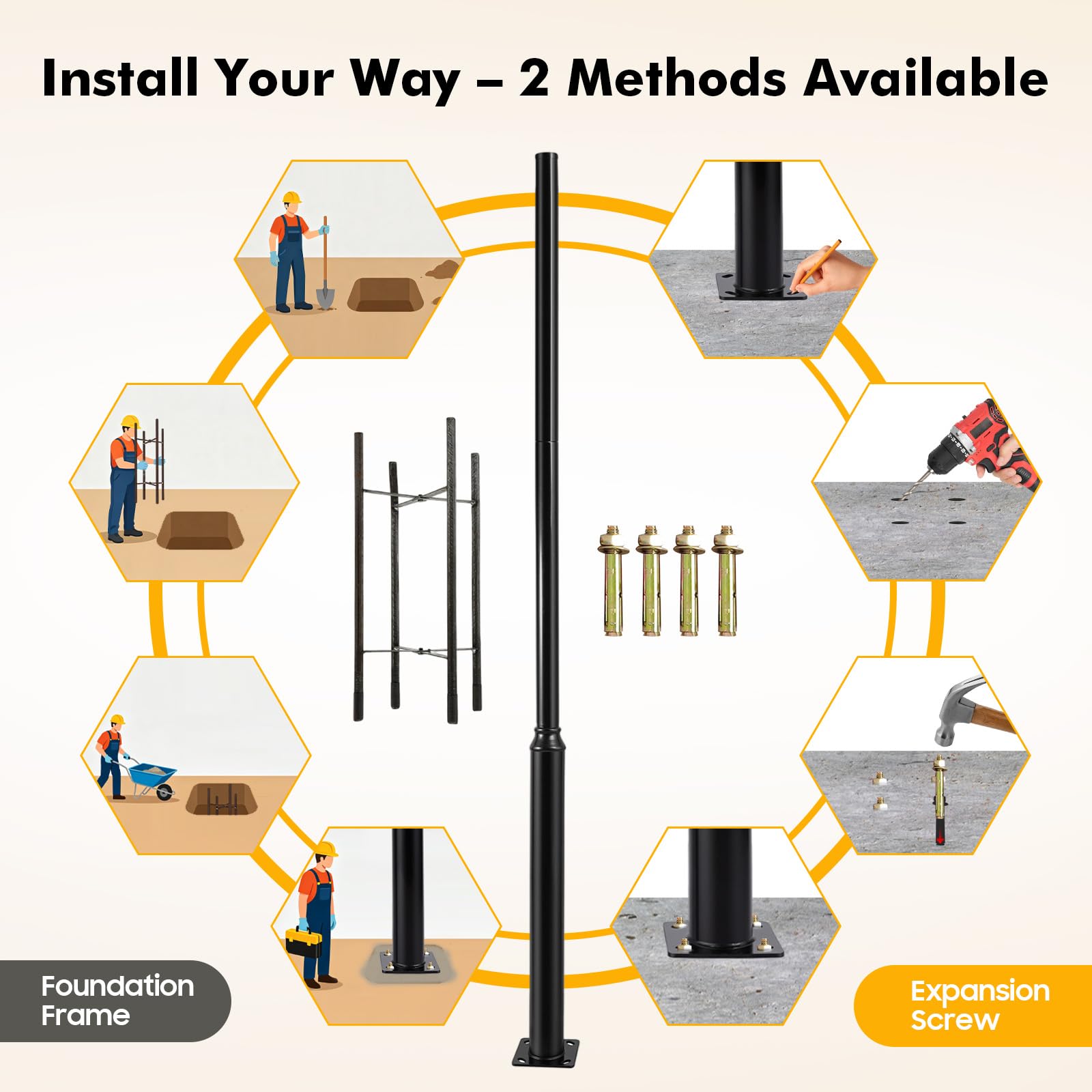 Poste de hierro galvanizado de 3 m de altura para farolas, 100 kg, color negro, para farolas, luces solares, luces de jardín y cámaras de vigilancia