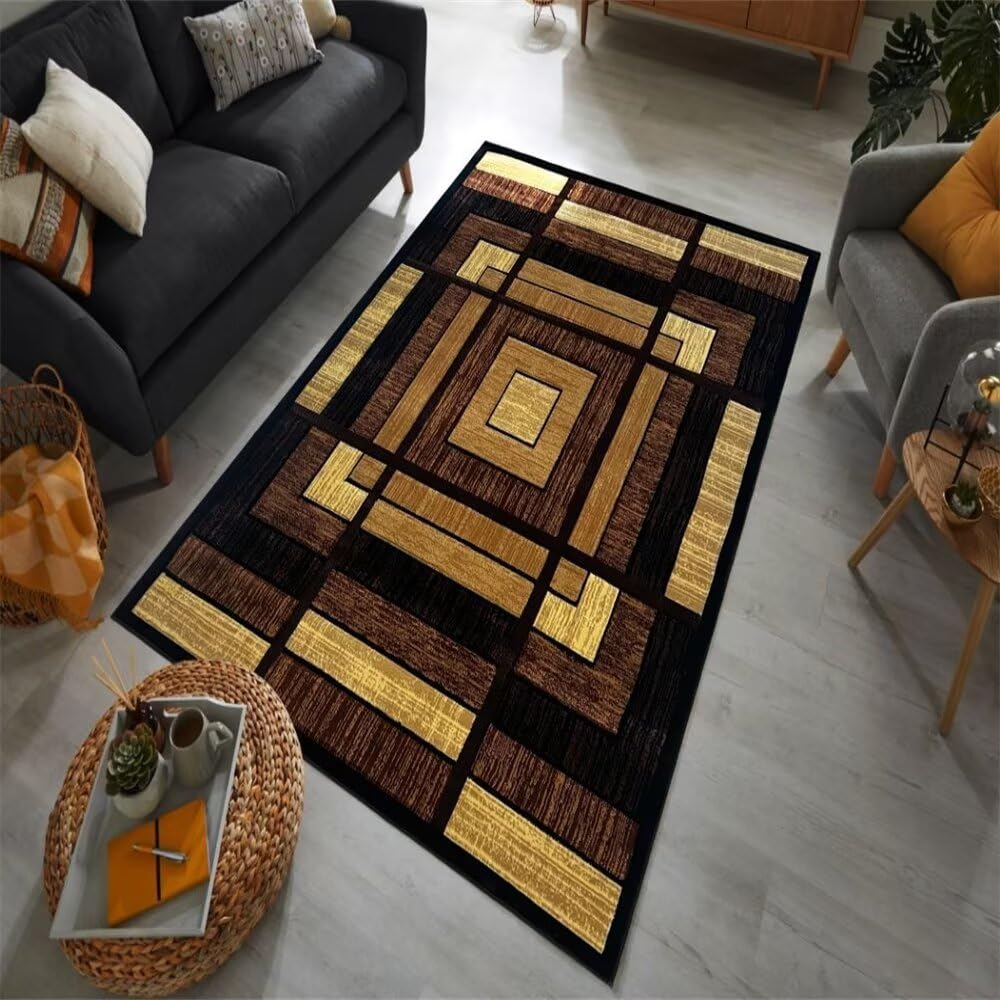 Tapis de couloir jaune 70x140 cm lavable et moderne à motif géométrique